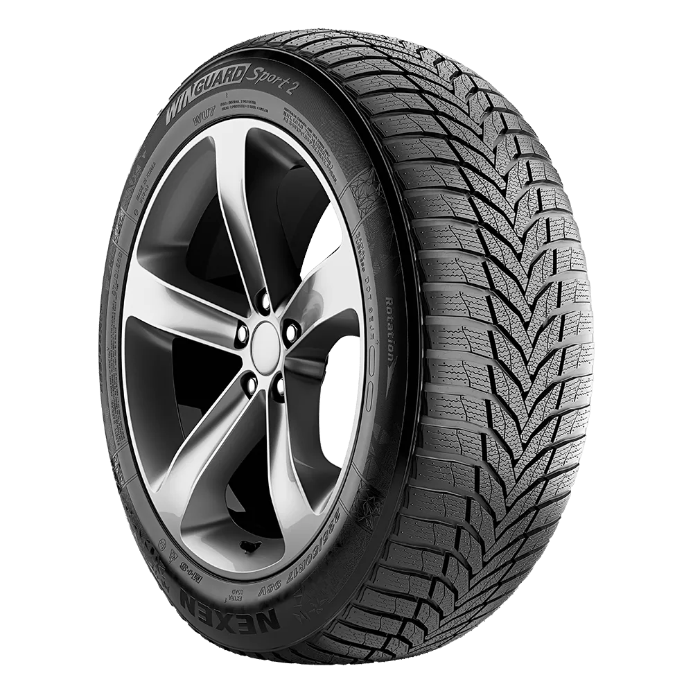 A left side-front view of Nexen Winguard Sport 2 tire on a chrome finished wheel.