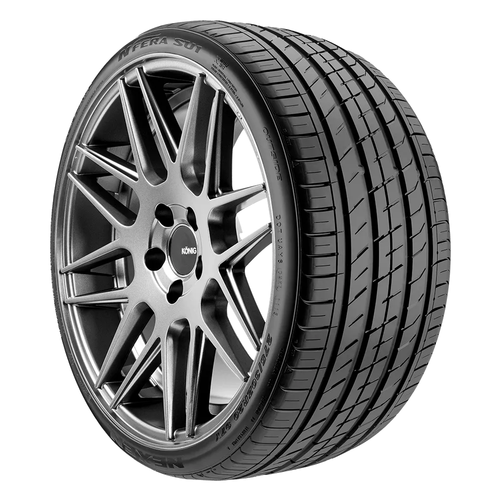 A Nexen N'Fera SU1 summer tire mounted on a Konig wheel.