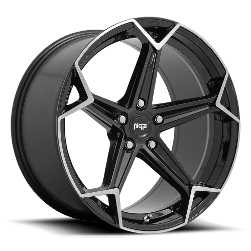 A black alloy car wheel with a five-spoke design, featuring silver accents along the edges of the spokes. The wheel has a sporty appearance with a glossy finish.