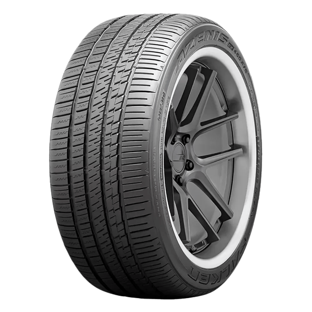 A close-up view of a modern car tire with a detailed tread pattern and alloy wheel, displaying the brand name on the sidewall.