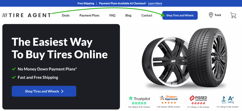 Screenshot of the Tire Agent home page with a green arrow pointing to the Shop Tires and Wheels button.