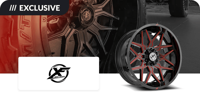 A close-up of a black and red off-road wheel rim with a multi-spoke design, featuring the XF Off-Road logo at the center. The image also includes the word 'EXCLUSIVE' in the top left corner.