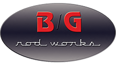 Logo with an oval shape, featuring the letters 'B/G' in bold red text above the words 'rod works' in a cursive style.