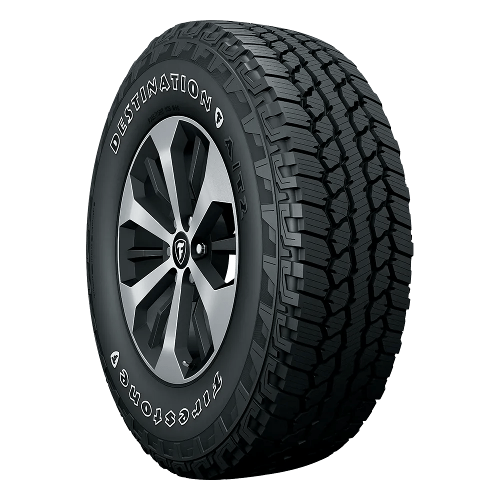 Left front facing firestone destination A/T2 tire.