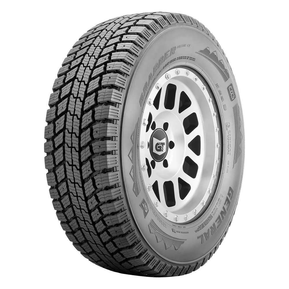 Side and front view of the studdable General GT Grabber Arctic LT tire without studs.