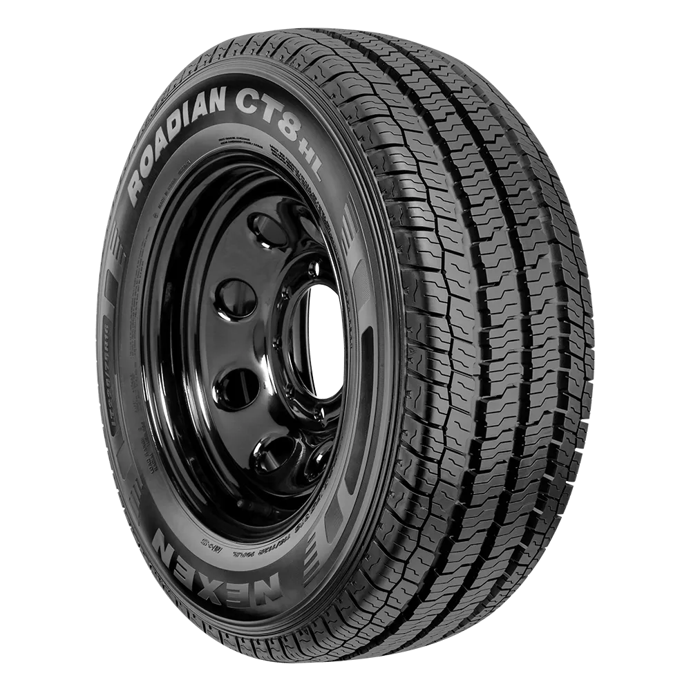 Left front facing view of a Nexen Roadian CT8 highway commercial tire mounted on a black steel wheel.