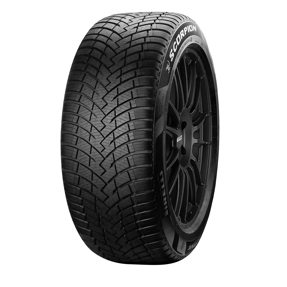 Black car tire with visible tread patterns and the word 'SCORPION' written on the sidewall, against a white background.