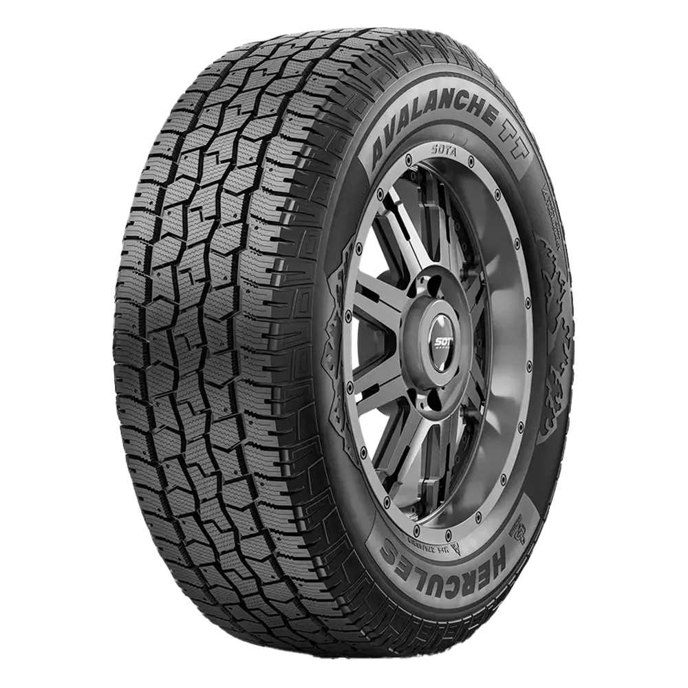 Front side view of a Hercules Avalanche TT tire without studs on a wheel with 8 spokes.