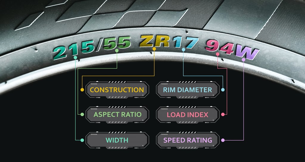 An illustration showing construction, aspect ratio, width, rim diameter, load index and speed rating on a tire using color codes.
