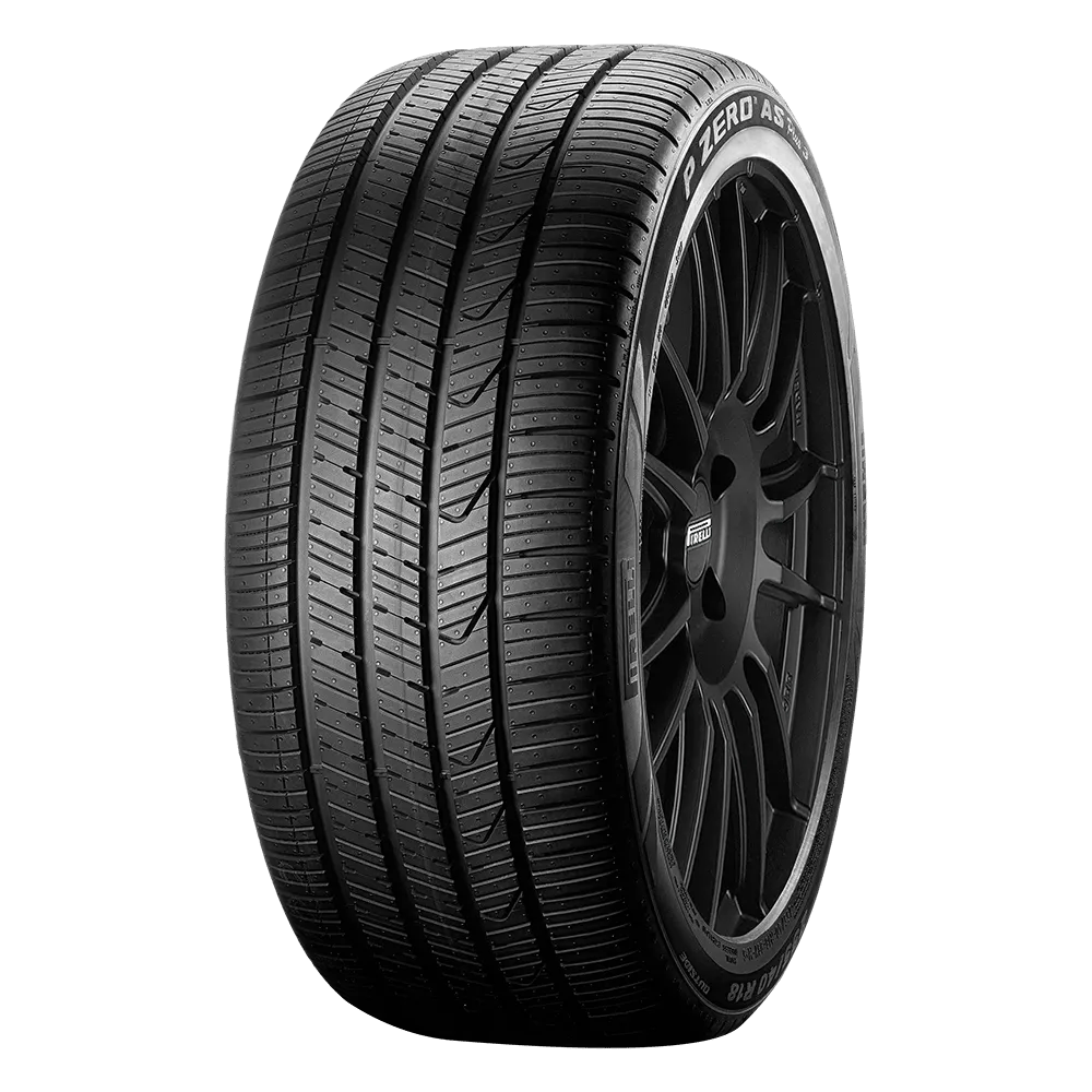 Front view of a p zero as tire by pirelli mounted on a black wheel with the pirelli logo for ford mustang