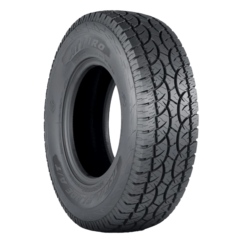 Photo of a left front facing atturo trail blade all terrain tire unmounted