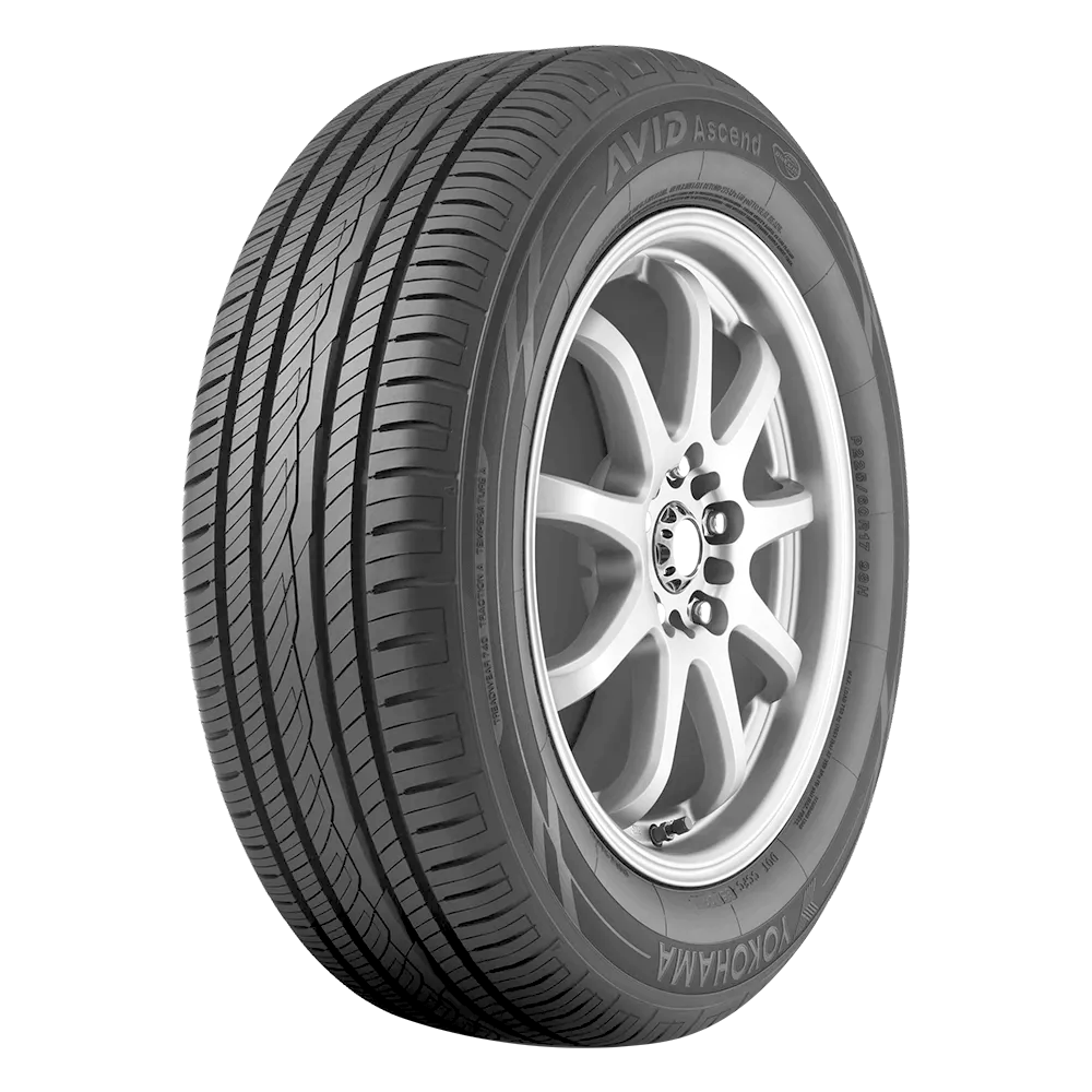 Side front view of an AVID Ascend tire mounted on a silver coated 9-spoke rim.