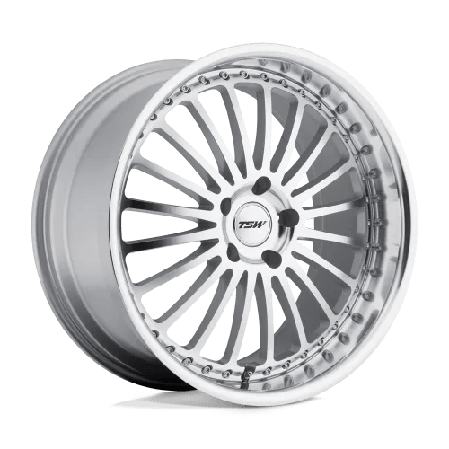 Silver alloy wheel with multiple intricate spokes and a TSW logo at the center, designed for automotive use.