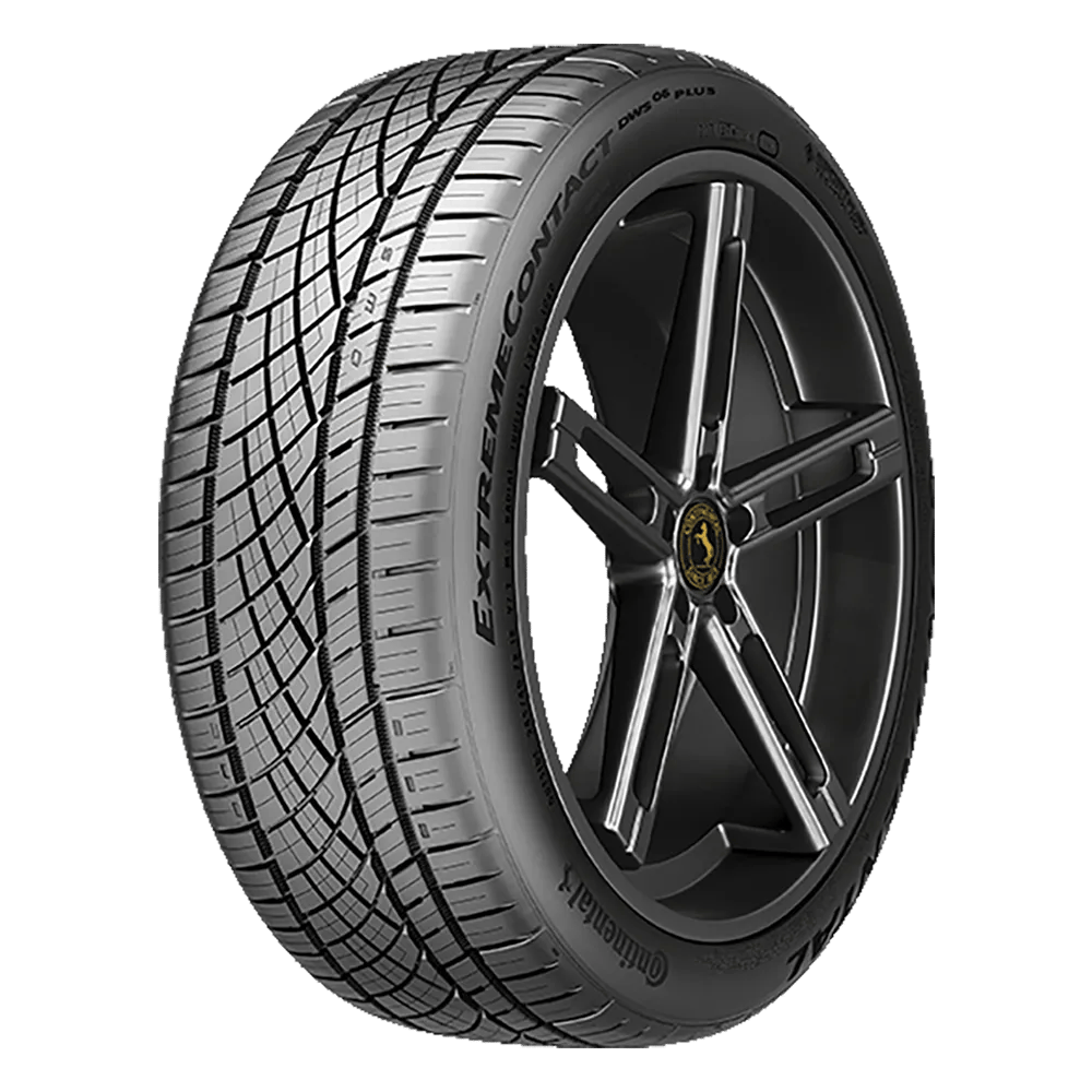 black continental extreme contact tire on a black five-spoke wheel for a ford mustang