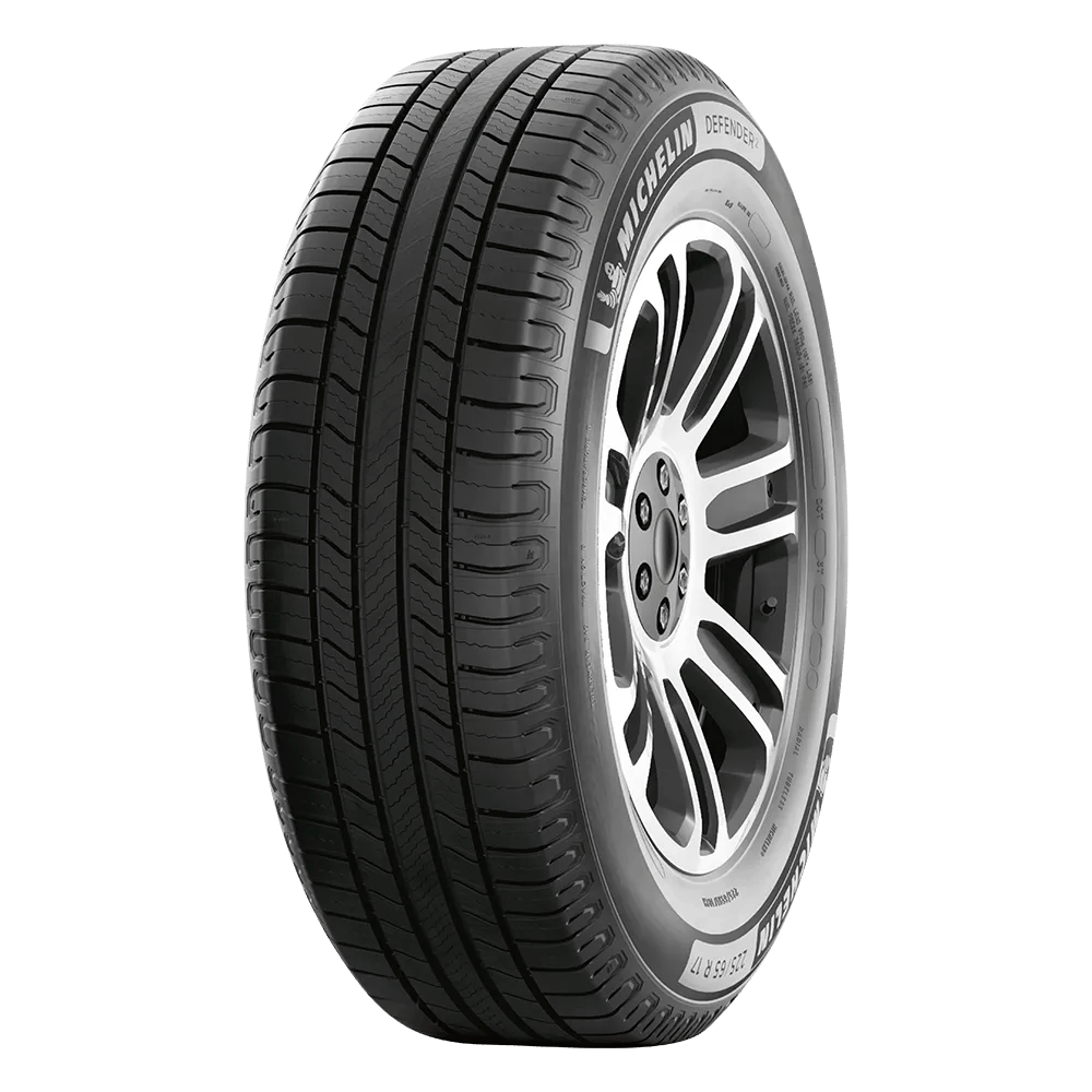 Front side view of a Michelin Defender2 tire mounted on an aluminum alloy wheel.