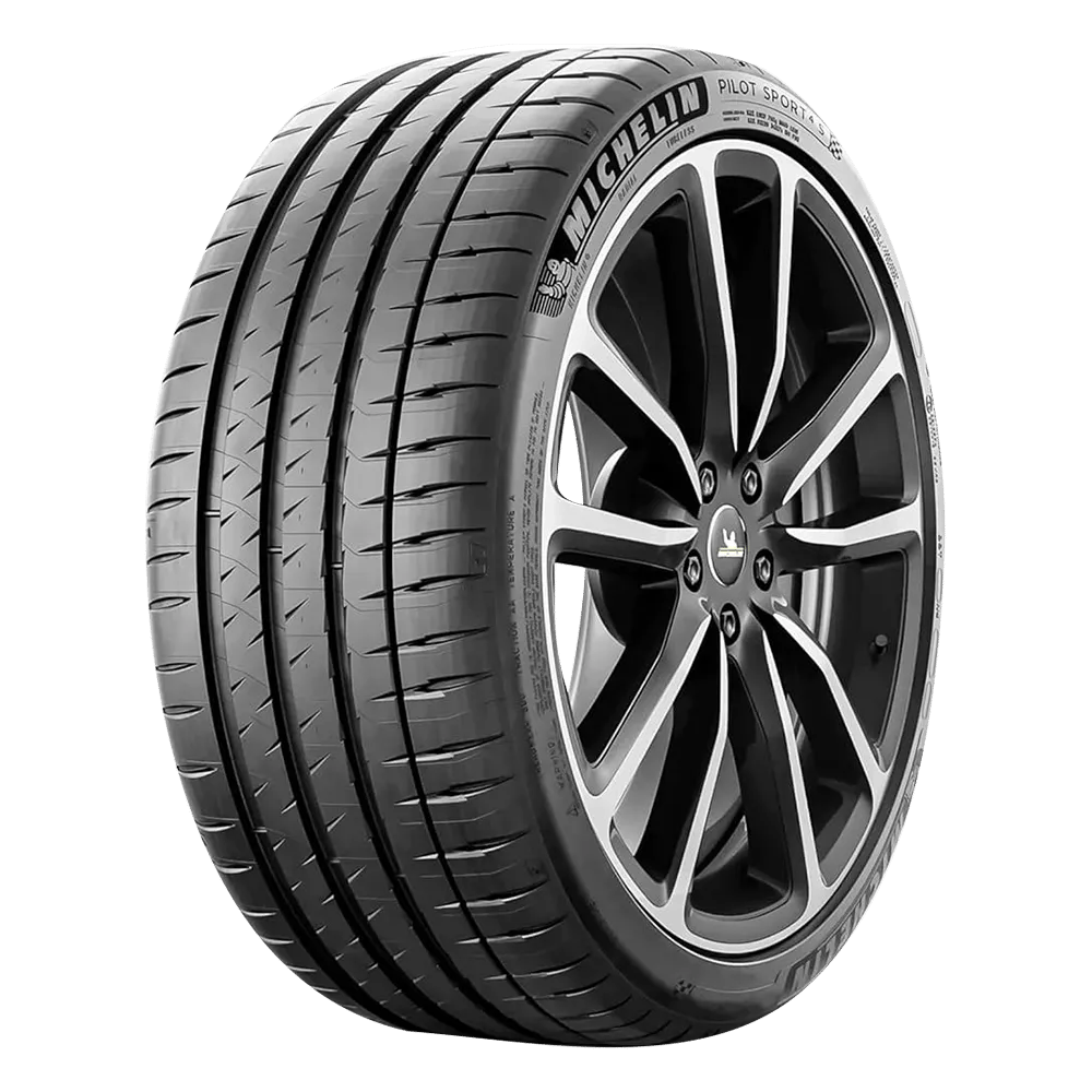 michelin tire mounted on a five spoke with v-split wheel in a matte chrome finish for a ford mustang