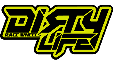 Logo of 'Dirty Life Race Wheels' featuring bold, stylized yellow text with a black outline.