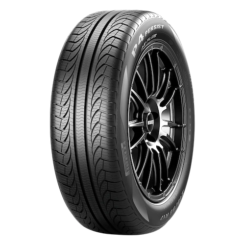 A black Pirelli car tire with a tread pattern and silver alloy wheel, labeled 'P4 Persist' on the sidewall.