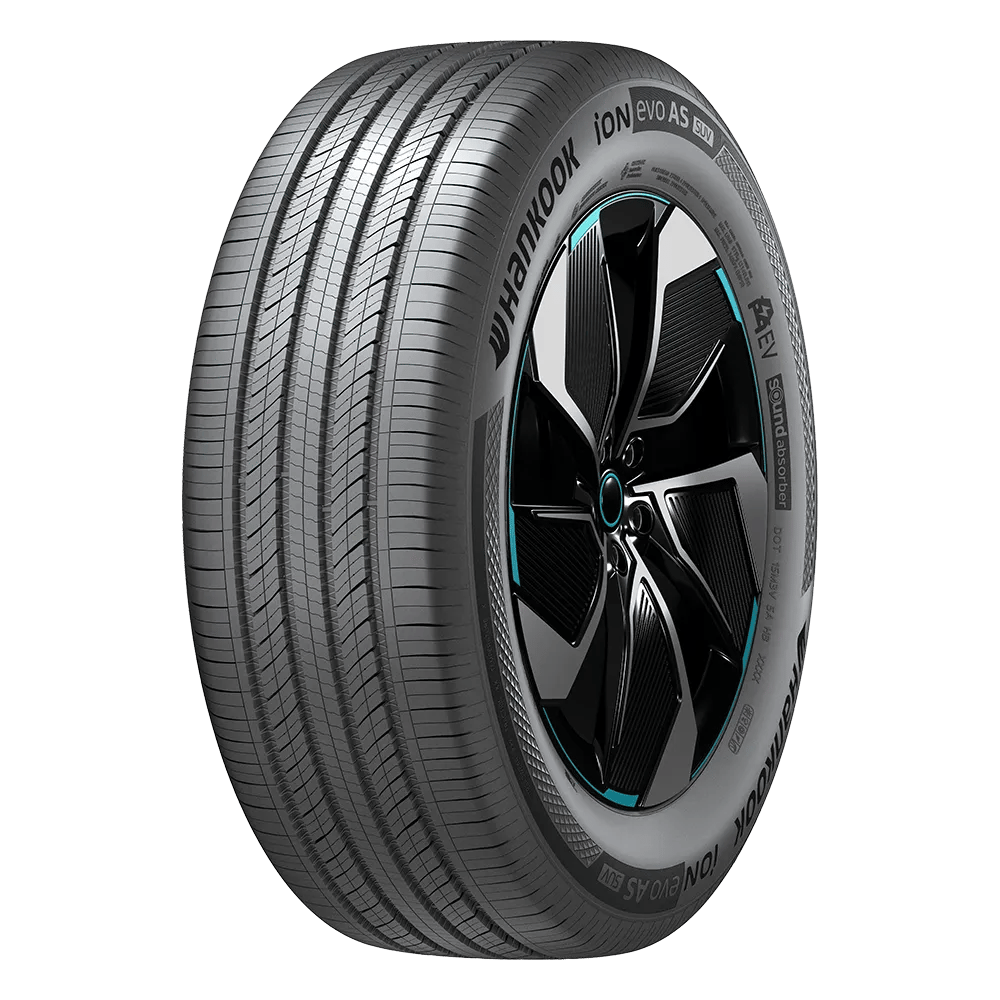 A Hankook ion evo AS tire with a detailed tread pattern and a stylish black and turquoise rim, designed for SUVs.
