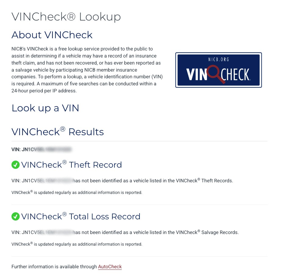 A screenshot of the VINCheck lookup page showing the results for a specific VIN. The page includes the NICB's VINCheck service description and results indicating no theft or total loss records found for the vehicle with the specified VIN. The VIN is partially blurred for privacy.