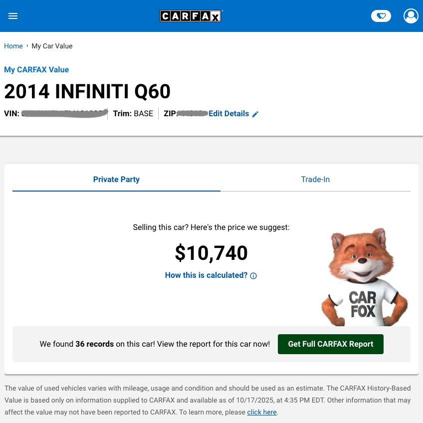 Screenshot of a Carfax page showing the private party value for a 2014 Infiniti Q60 as $10,740, with a Car Fox mascot image and a suggestion to get the full Carfax report.