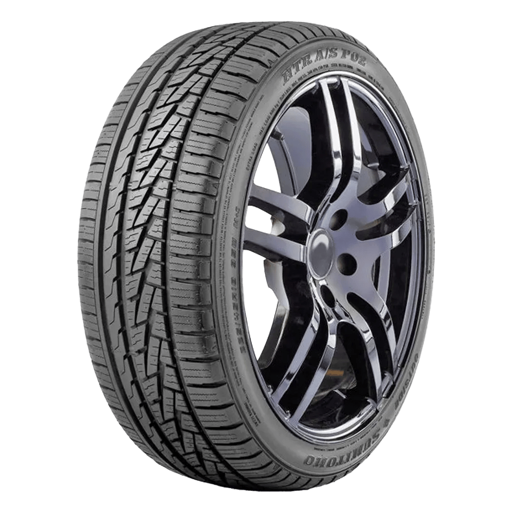 A sumitomo htr as po3 tire mounted on a chrome-finished wheel with five split spokes.