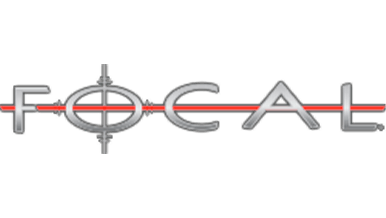 The word "FOCAL" in metallic gray letters with a red line running through the center; the "O" is stylized as a crosshair on a black background.