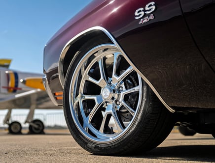 Close-up of a vintage muscle car's chrome wheel and tire, with a partially visible jet in the background on a sunny day.