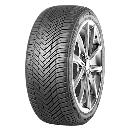 A Nexen car tire with a modern tread pattern and silver alloy wheel.