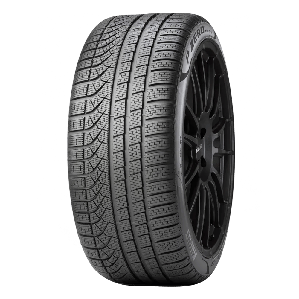 Pirelli p zero winter tire from the front and side showing the asymmetrical tread pattern.