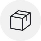 Icon of a cardboard box with a simple line drawing style on a light gray circle background.