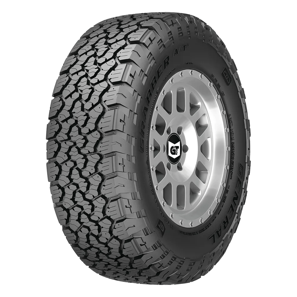 Photo of a General Grabber all terrain ATX tire mounted on a brushed silver finished wheel.