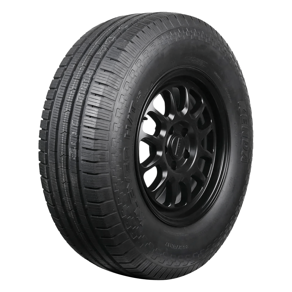 Side front view of a Kenda Klever HT 4S kR620 tire mounted on a black wheel.