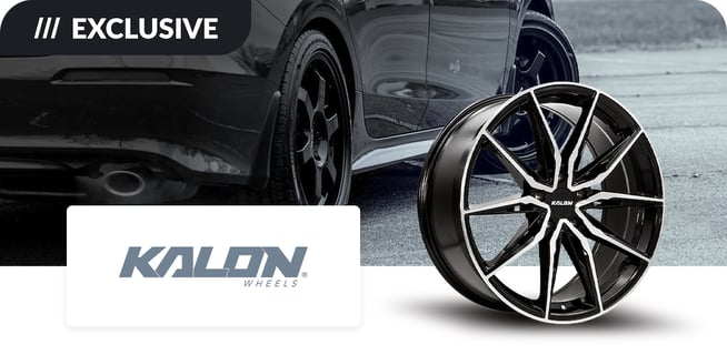 A promotional image featuring a glossy black alloy wheel from Kalon Wheels, placed next to a dark-colored car, with the word 'EXCLUSIVE' at the top.