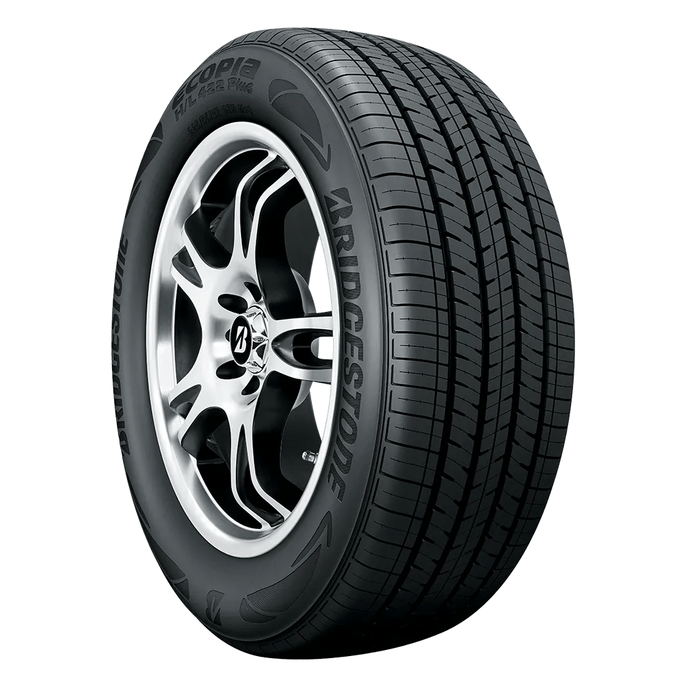 A Bridgestone Ecopia H L 422 plus tire mounted on a polished chrome wheel.