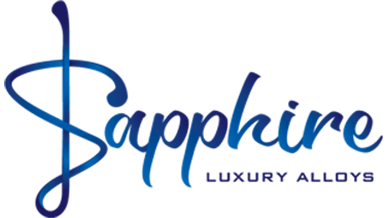 Logo featuring the word 'Sapphire' in blue cursive font with an elongated, stylized letter 'S' resembling a musical note; beneath it, the words 'Luxury Alloys' in smaller blue capital letters.