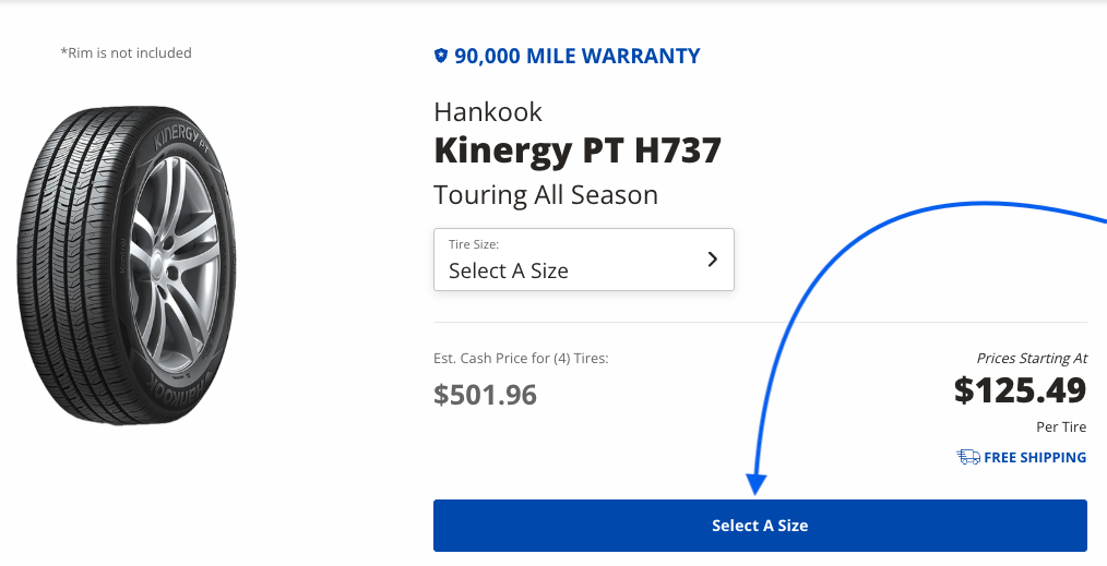 The Tire Agent product page for Hankook Kinergy PT H737 with an arrow pointing to the Select A Size button.