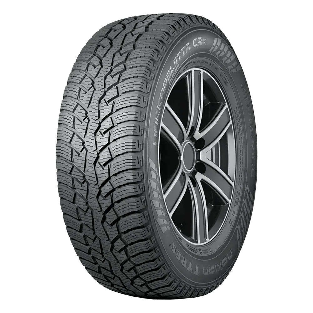 A right front side Nokian Hakkapeliitta CR4 tire on a six-spoke rim.