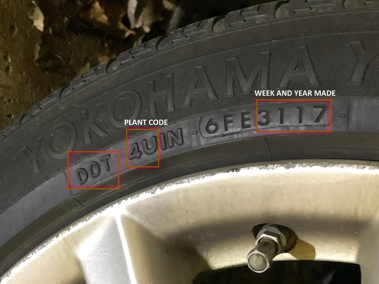 Close up of a Yokohama tire with a red box around the week and year made showing 3117.