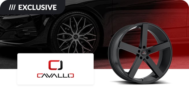 Promotional image featuring a large black alloy wheel by Cavallo in the foreground, with a partial view of a car with customized wheels in the background, and the Cavallo logo displayed on a white rectangular panel with the word 'EXCLUSIVE' at the top.