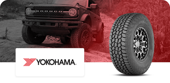 A tire with a rugged tread pattern is shown next to an off-road vehicle in the background, with the Yokohama logo beneath it.