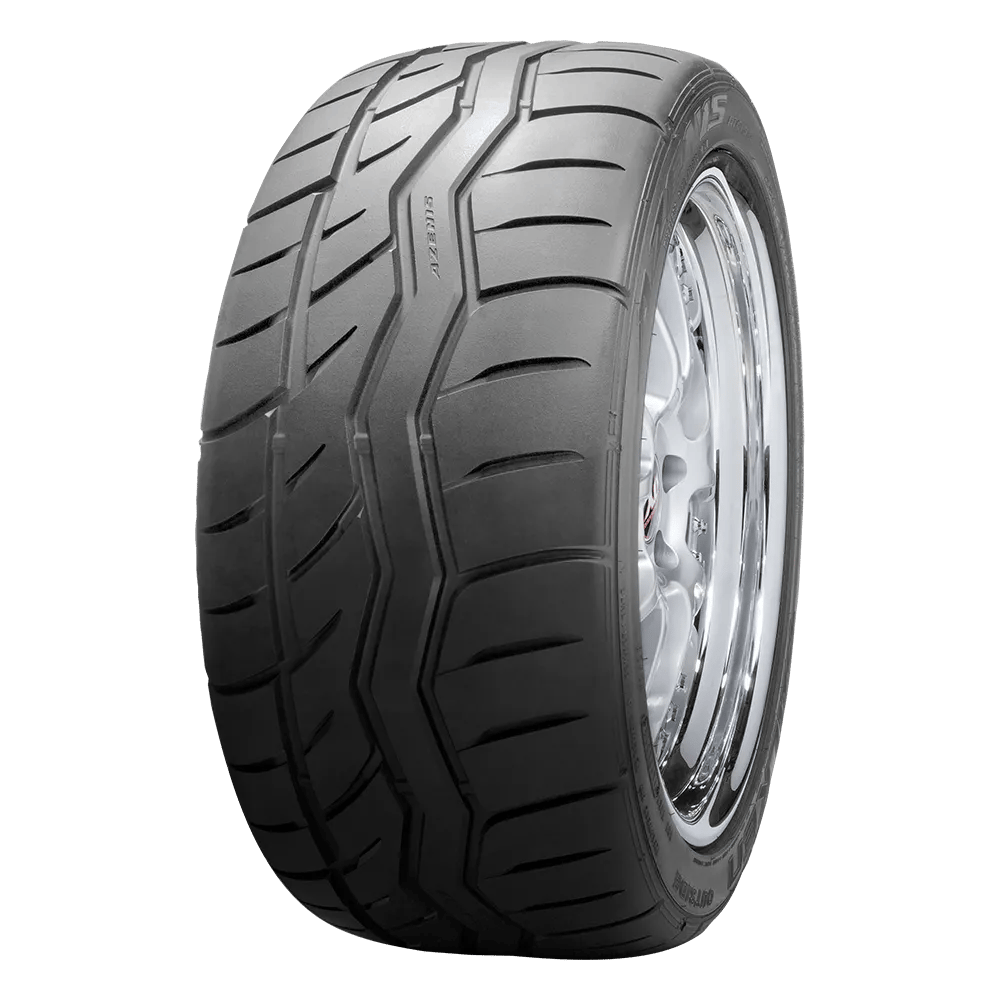 Falken Azenis RT615K+ summer tire mounted on a polished chrome wheel.