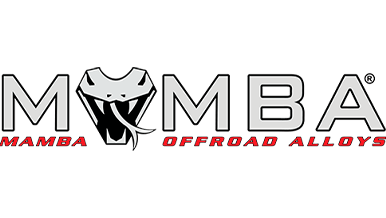 Logo of Mamba Offroad Alloys featuring a stylized snake head with an open mouth as the 'O' in 'MAMBA' and the tagline 'MAMBA OFFROAD ALLOYS' beneath in red text.