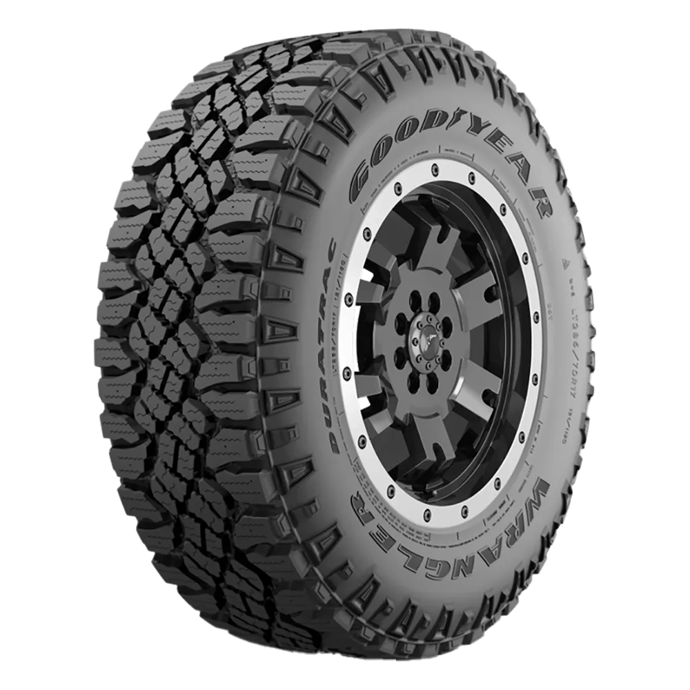Side front view of a goodyear wrangler duratrac tire