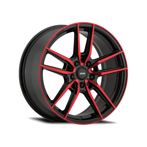 A stylish black alloy wheel with red accents and a multi-spoke design by Konig.