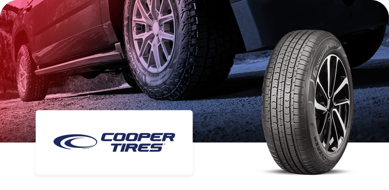 Cooper Tires logo with an image of a car with Cooper tires and a close-up of another tire labeled "ENDURAMAX."