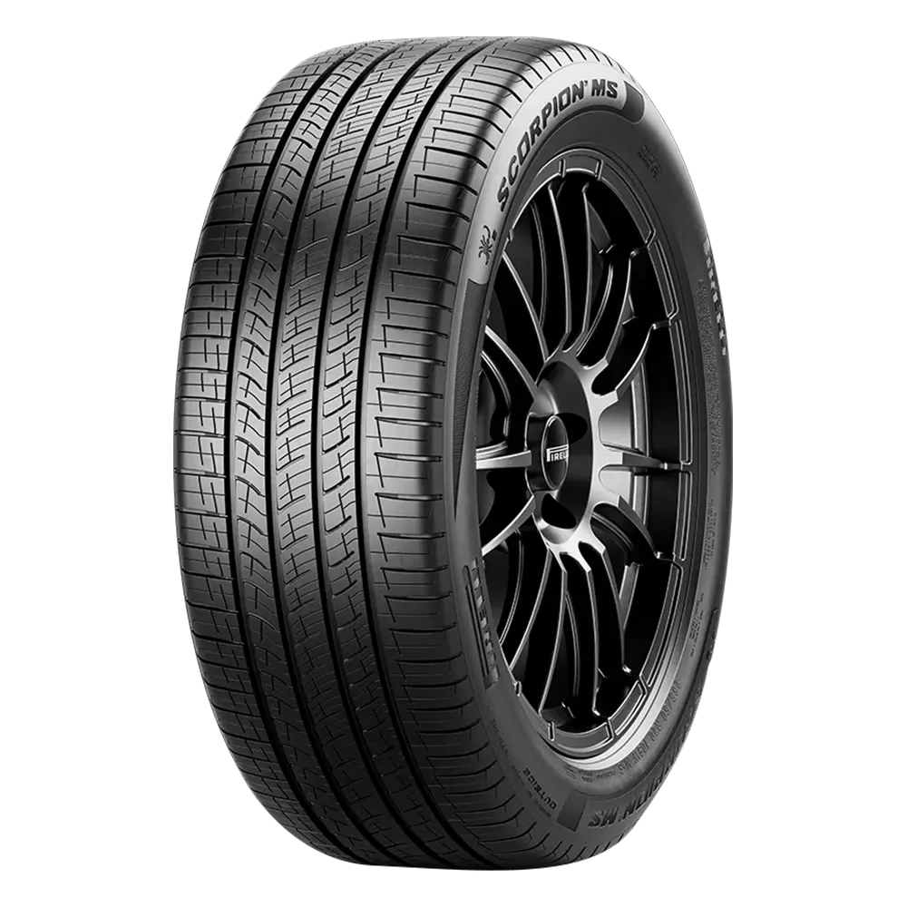 A close-up of a Pirelli Scorpion MS tire with a detailed tread pattern and a black multi-spoke alloy wheel.
