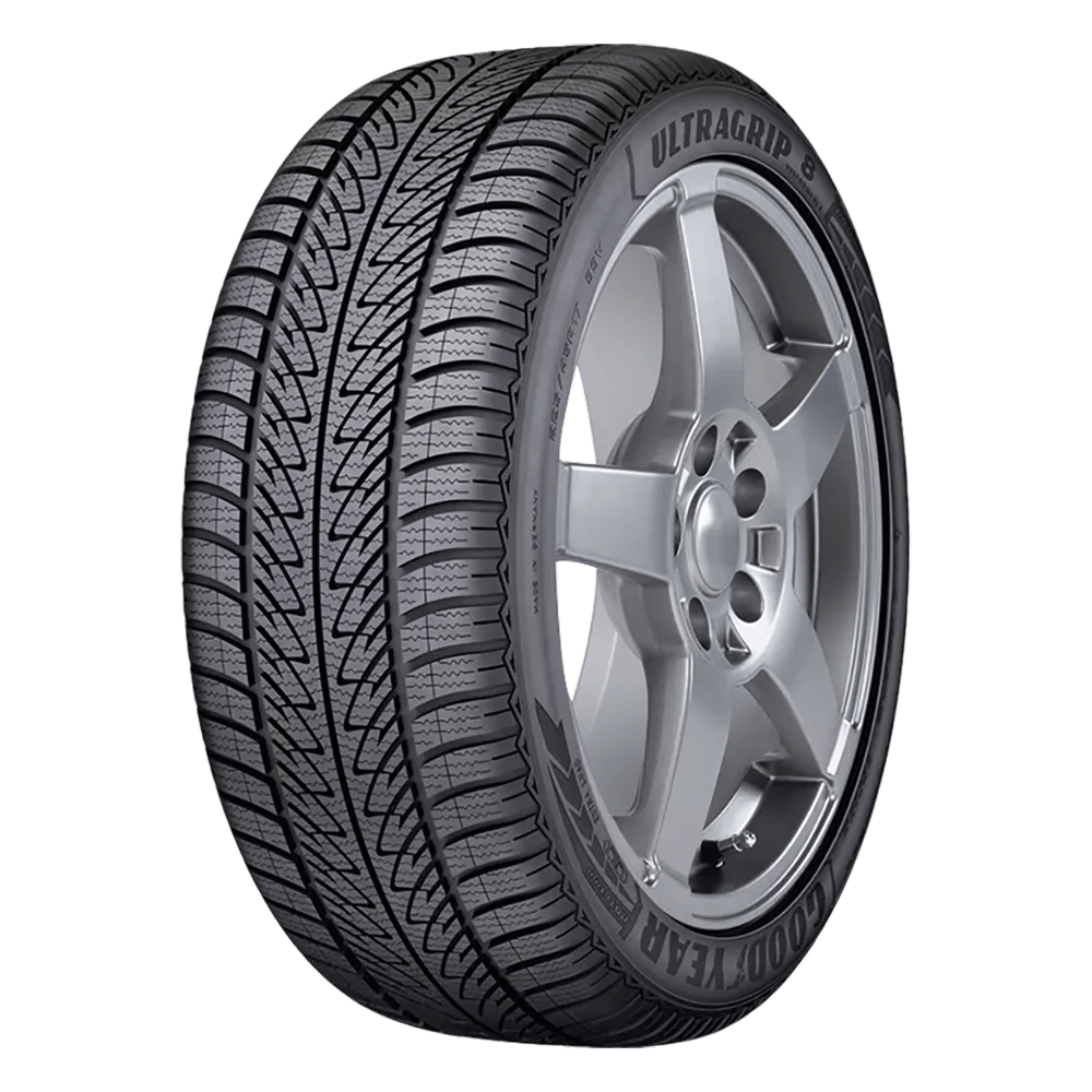 A Goodyear UltraGrip 8 tire with a detailed tread pattern and a five-spoke alloy wheel rim.