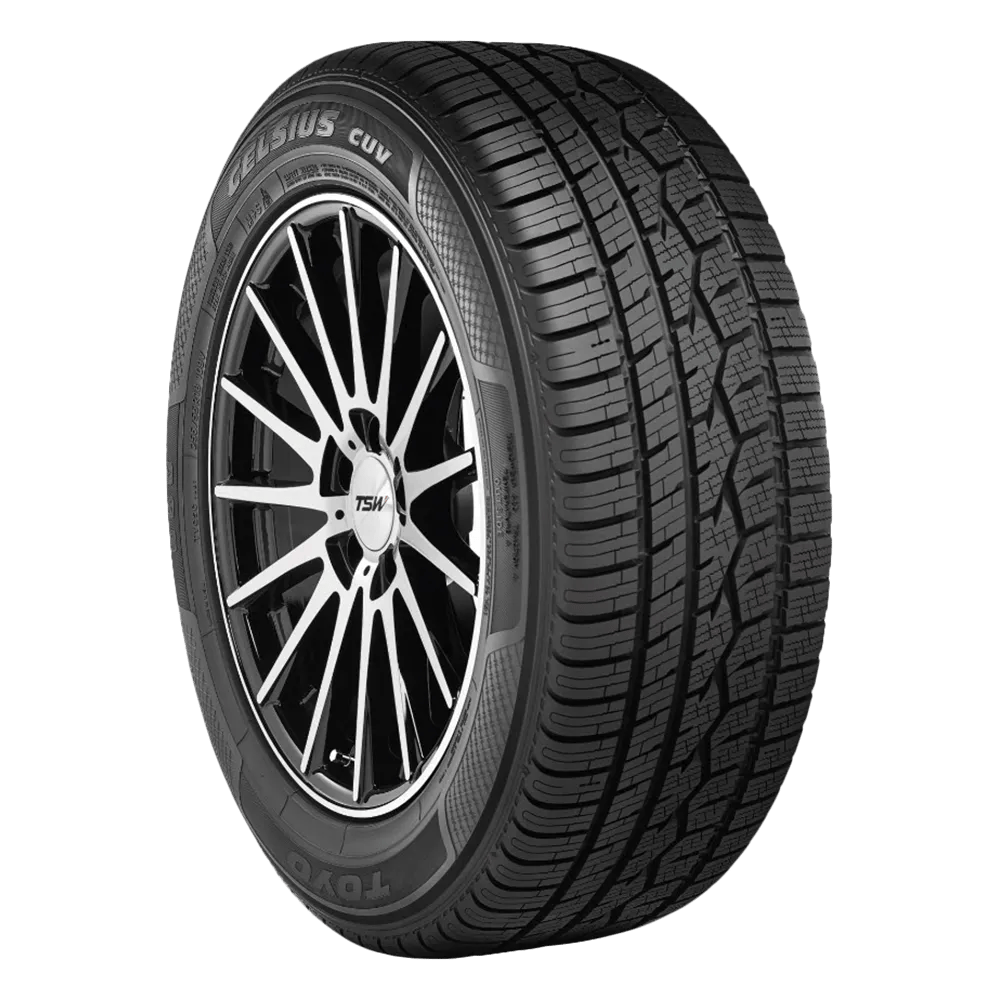 left front view of a celsius cuv tire on a multi spoke rim. 