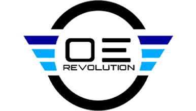 Logo featuring the letters 'OE' and the word 'Revolution' inside a black circular design, with blue stripes extending horizontally on both sides.